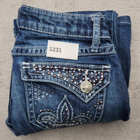 Wrangler Jeans Womens 1/2 x 34 Blue Bootcut Low Rise Rock 47 Fleur De Lis 28x30 - Picture 11 of 11